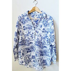 Revolve Joie Blue & White Tropical Print Long Sleeved 100% Linen Blouse Medium M